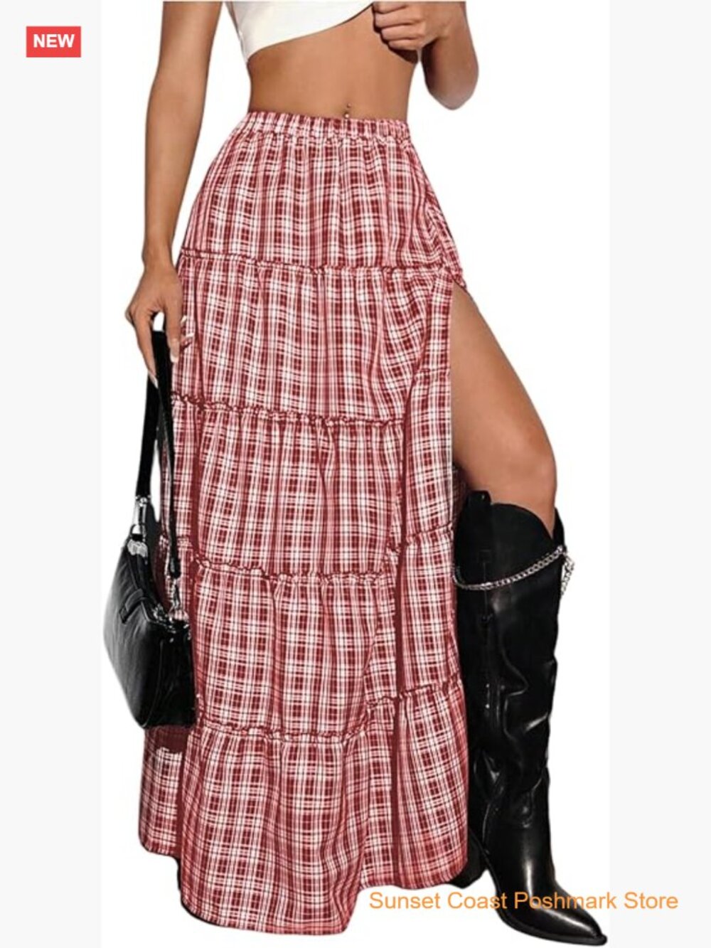 Plaid Maxi Skirt High Slit A Line Flowy Tiered Ruffle Y2k Vintage Long Skirt